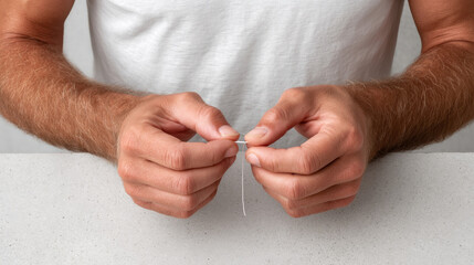 Oral Hygiene and Floss concept ,Hand flossing demonstration with person holding dental floss. focus is proper technique
