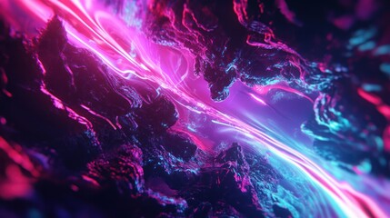 Luminous passage through a rocky terrain illuminated by vibrant neon lights