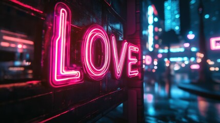 Illuminated Affection: A Neon "Love" Sign Shines in a Vibrant Cityscape