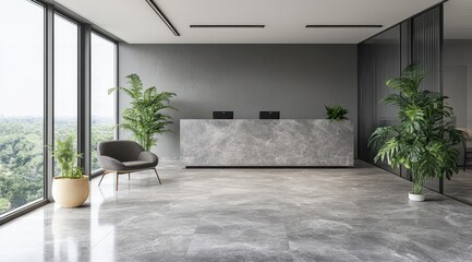 Obraz premium Modern office reception area with grey marble flooring, a reception desk, large windows showing a treetop view, and potted plants