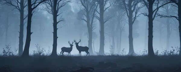 Vector silhouette of deer in a blue, misty woodland scene,  photo,  background