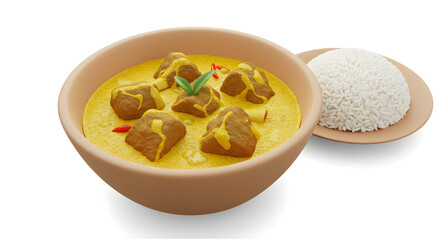 Aromatic bowl of curry with tender meat cubes served with steamed rice.