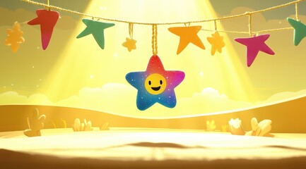 A cheerful, rainbow star with a smiling face hangs from a string of colorful stars, illuminated by a spotlight against a sandy, dreamy backdrop