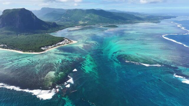 Underwater Waterfall In Le Morne Mauritius Island Mauritius. Breathtaking Aerial View Of A Lush Tropical Coastline Scenery. Shore Clouds Sky Beach Sea. Shore Seaside Tropical Environment.