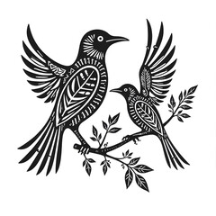 Obraz premium Two birds perched on branch black and white art