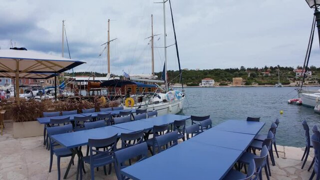 View of yachts and boats in harbour town of Fiskardo Kefalonia Greece. 