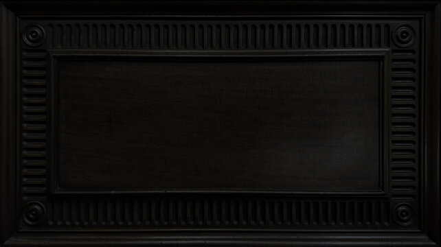 Elegant Dark Wood Panel with Ornate Classical Frame. Wood Texture Background with copy-space.