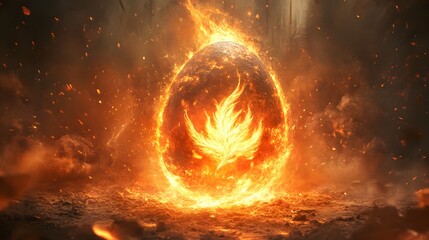 Phoenix egg surrounded by ash glowing with fiery light and rising feathers of flame representing the rebirth theme