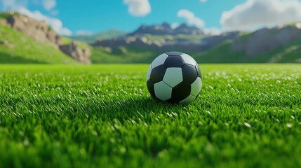 A Black and White Soccer Ball on a Lush Green Field with Mountain Views