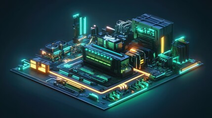 Detailed Isometric View of a Futuristic Cyberpunk Motherboard with Neon Illumination