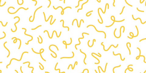Pasta seamless pattern. Italian spaghetti background. Yellow japan ramen design. Chinese noodle texture. Doodle wavy line pattern. Hand drawn food bg. Vector illustration isolated on white background.