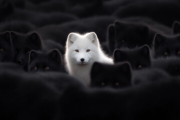 Lone White Fox Standing Out Among Black Wolves in Dark Setting