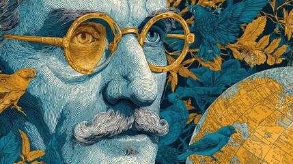 Thoughtful depiction of wealth and global awareness with man wearing glasses and world map for insightful perspective