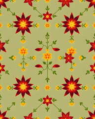 Scandinavian embroidery pattern with golden flowers and crimson star motifs.
