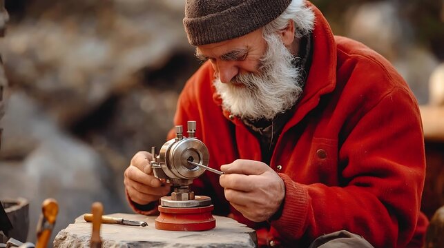 Elderly Craftsman Working Outdoors.