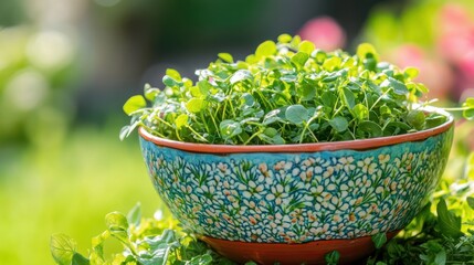 Lush microgreens bursting in a decorative ceramic bowl basking sunlight