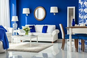 Light-colored interior of a guest room, complete with a sofa, two armchairs, and a mockup poster on display