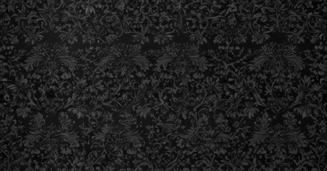 Intricate black damask, floral vines swirl in seamless gothic pattern , rococo, pattern