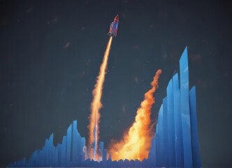Fiery rocket blasting upwards from rising blue graph, signifying acceleration,  acceleration,  flight,  speed