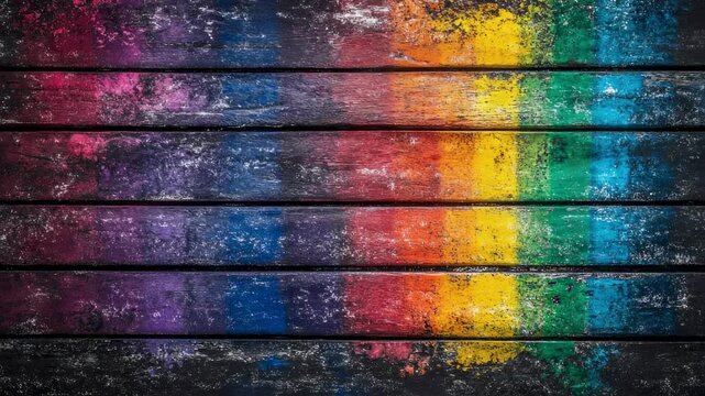 Vibrant Rainbow Hues on Rustic Wooden Planks Grunge Texture Background