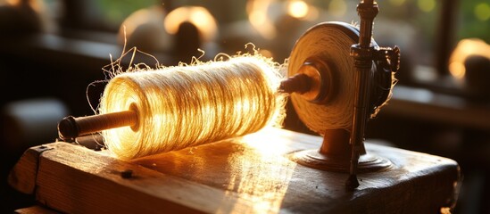 Vintage flax processing machine bathed in warm light creating a nostalgic atmosphere