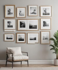 Elegant photo frame gallery wall mockup  Various sizes & styles on white ,  rustic,  collage