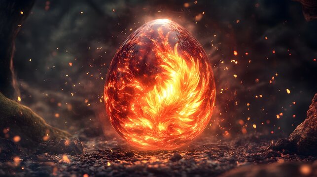 Vibrant phoenix egg with fiery light pulsating on ashes feathers of flame rising in a magical rebirth setting