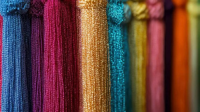 Vibrant Colorful Tassels Hanging in a Row - Close Up Texture
