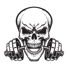 Evil skull clenching barbell in teeth representing dark hardcore gym attitude