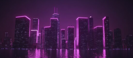 Nightscape Radiance: Urban Skyline Illuminated with Vibrant Purple Neon Accents