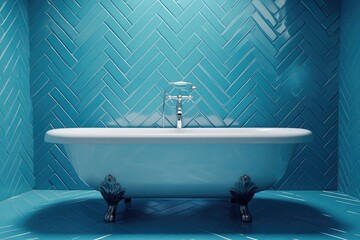 Modern turquoise herringbone tiled bathroom with clawfoot tub