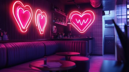 Neon Hearts Radiating in a Modern Lounge: A Fusion of Love and Urban Ambiance