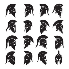Set of ancient Spartan warrior helmet silhouettes for historic and heroic themes