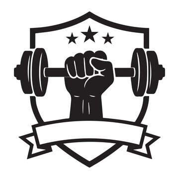 Powerlifting gym logo with muscular arm lifting barbell in bold badge design