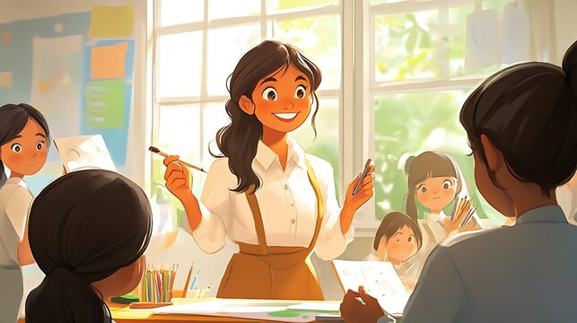 Happy teacher with art class, and sunlight.