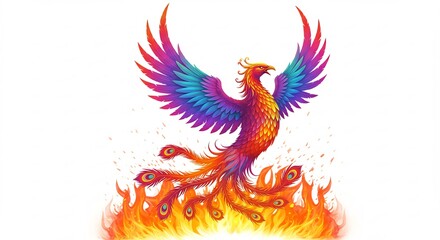 Obraz premium 虹色鳳凰炎上舞い上がり輝く羽根 (Niji-iro houou enjou maiagari kagayaku hane) Translation: Rainbow phoenix flames soar shining feathers. AI Generated