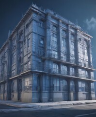 Blueprint style building technical drawing photo effect, cyan, geometric