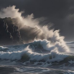 Subtle steam ascends, blurring dark, rolling waves; soft focus  , mist, focus, water texture