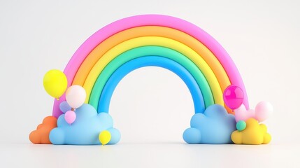 A colorful rainbow arches over blue and yellow clouds with balloons, set against a clean white background.