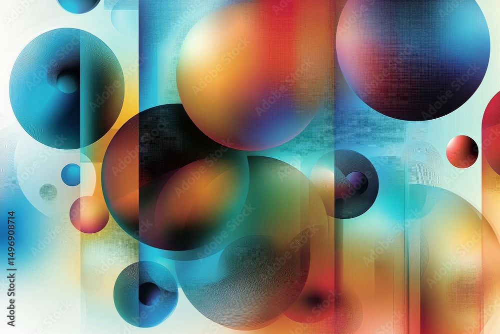 Aufkleber Abstract Spheres and Lines: A Colorful Composition of Circles, Textures, and Geometric Forms in Harmonious Arrangement