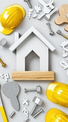 A house model surrounded by construction tools, screws, nuts, bolts, and yellow safety helmets on a light background.