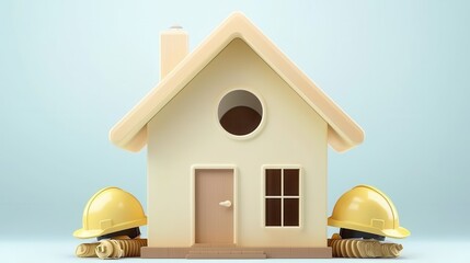 A model house with construction helmets and coins on both sides, symbolizing home building and investment.