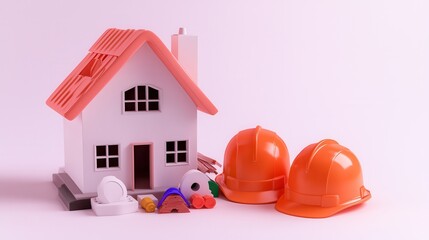 Model house with construction helmets and building tools, symbolizing home construction and safety.