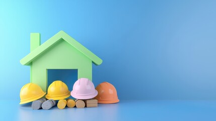 Colorful construction helmets and building materials in front of a green house model on a blue background.