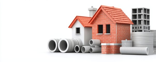 A small brick house surrounded by construction materials and building supplies on a white background.