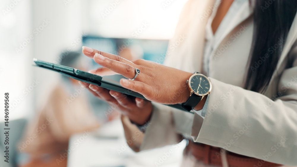 Poster business, hands and tablet with person in office for corporate research or online planning. app, dev