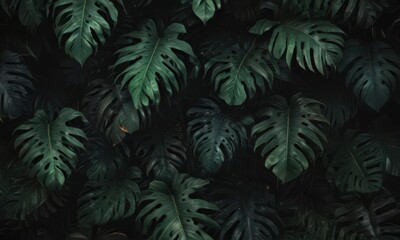 Dark, lush tropical leaves; black & deep green abstract pattern, seamless pattern, illustration, botanical