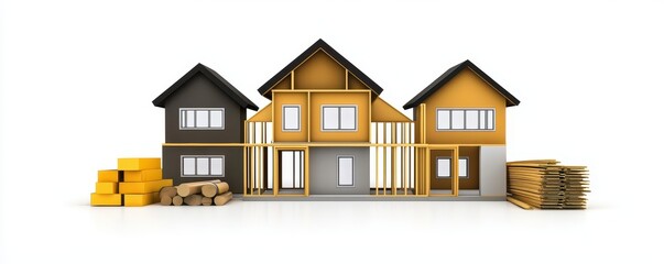 Illustration of a house under construction with building materials and completed homes on both sides.