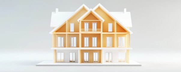 A modern, symmetrical multi-family house model with yellow walls, white roof, and large windows, viewed from the front on a plain background.