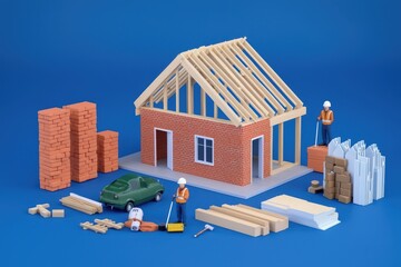 A miniature construction site with a partially built house, construction workers, bricks, materials, and a small green vehicle on a blue background.